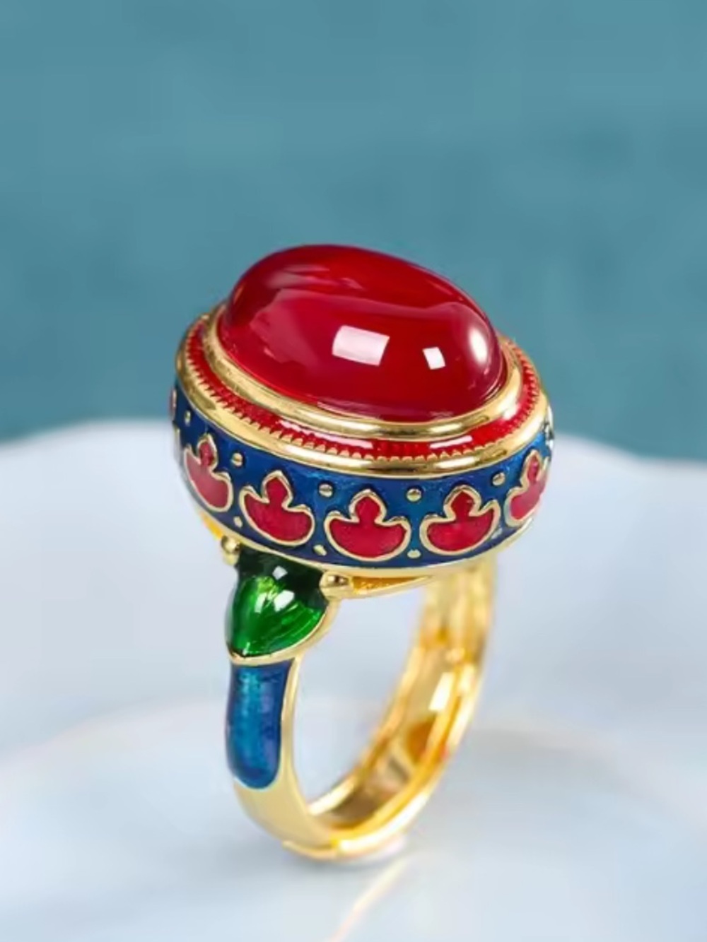 Red Cabochon Gold Tone Enamel Statement Ring - Women Jewelry